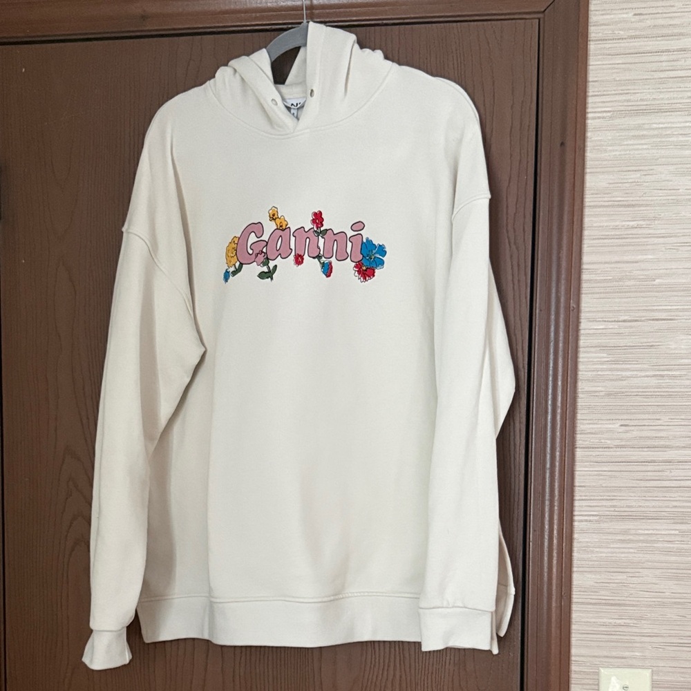 Ganni Organic Cotton Cream Hoodie with Multicolor Floral Logo NWOT